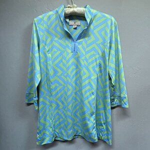Sport Haley Women's Golf Shirt 3/4 Sleeve Top Geometric Blue Green Medium